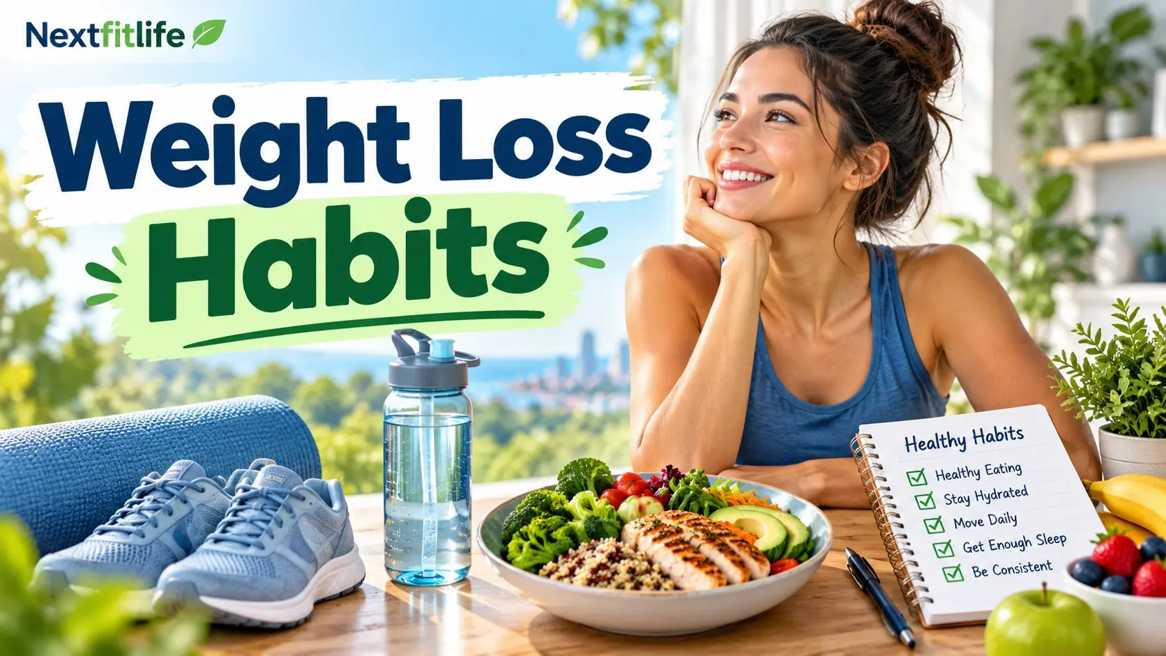 Weight Loss Habits with walking, balanced meals, strength training, sleep, water, and a weekly habit tracker
