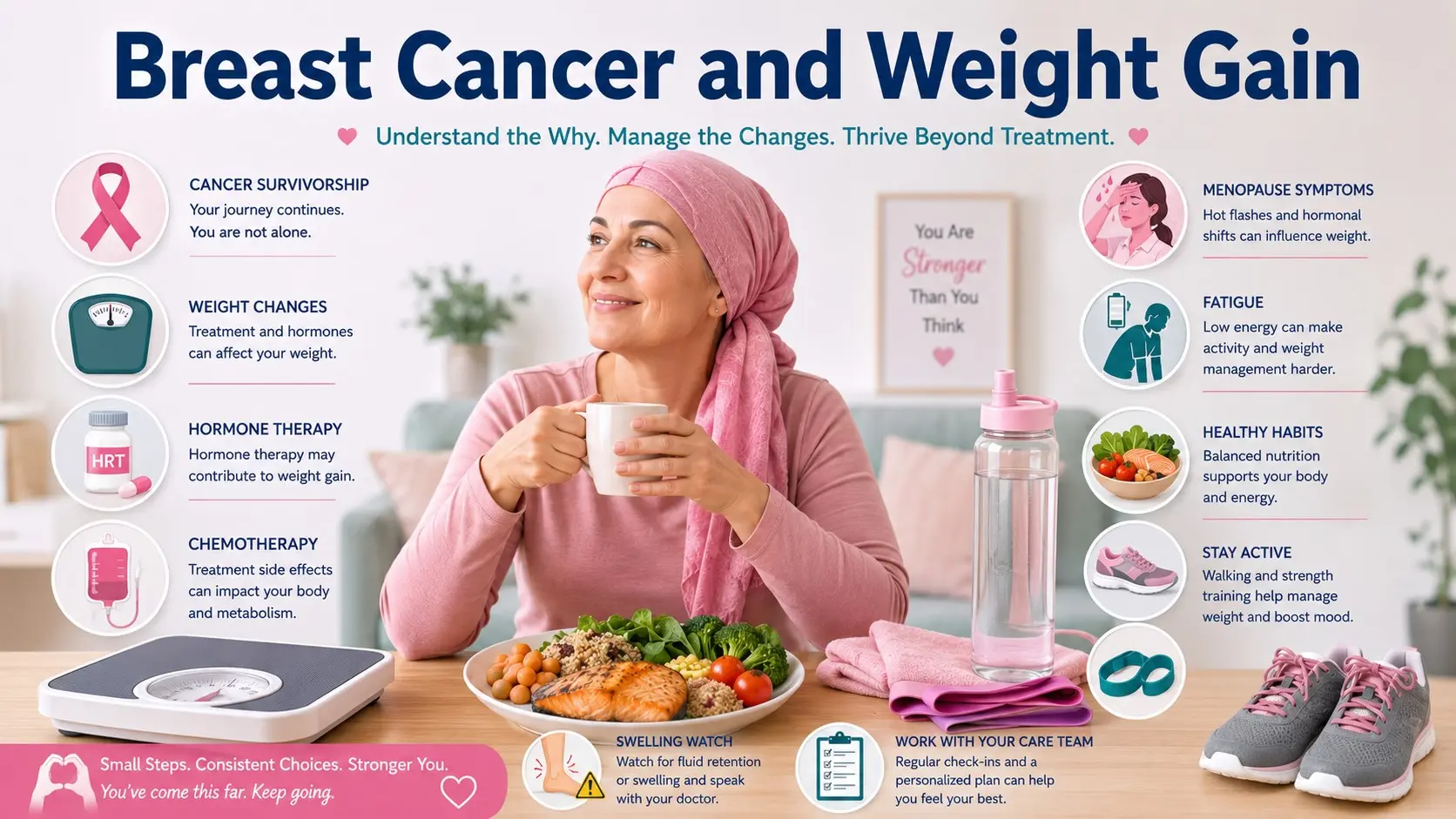 reast Cancer and Weight Gain guide with breast cancer ribbon, scale, hormone therapy, chemotherapy, menopause, fatigue, healthy meals, walking, strength training, swelling warning, and doctor checklist icons.
