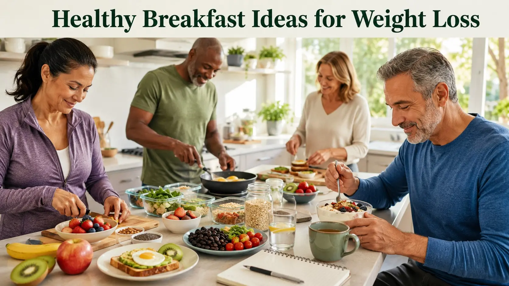 Healthy Breakfast Ideas for Weight Loss with oats, eggs, yogurt, berries, whole grain toast, vegetables, fruit, water, and meal planning