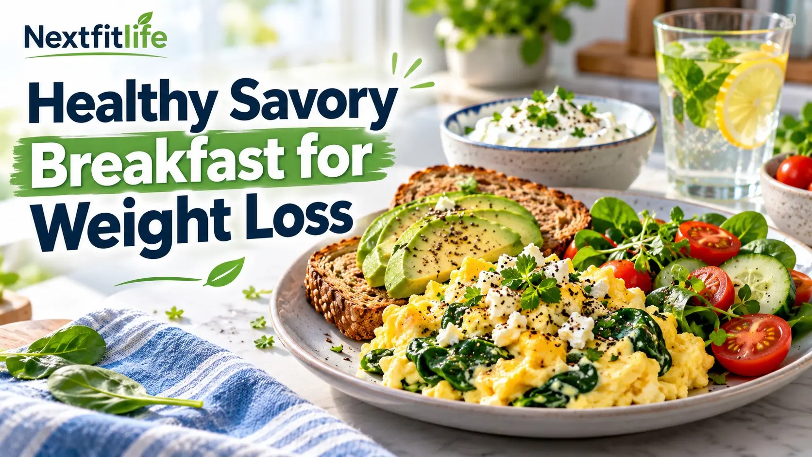 Healthy Savory Breakfast for Weight Loss with eggs, vegetables, avocado, Greek yogurt, whole grains, and high protein foods