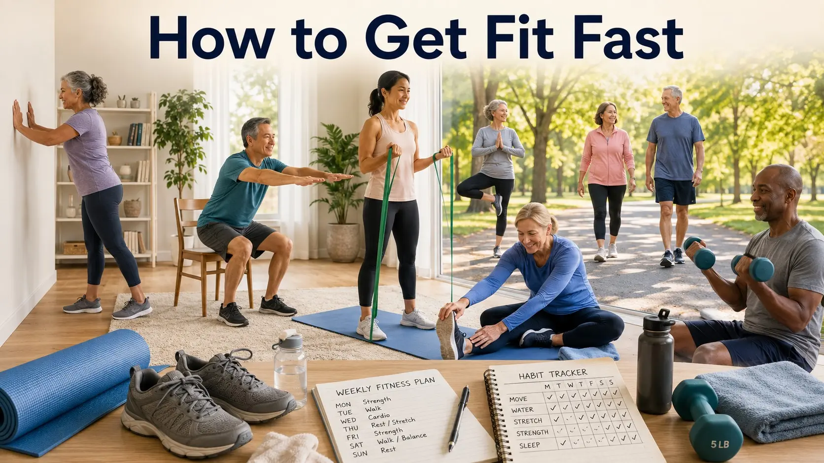 How to Get Fit Fast guide with adults walking, stretching, doing chair squats, wall push ups, light dumbbells, balance work, and safe beginner exercise