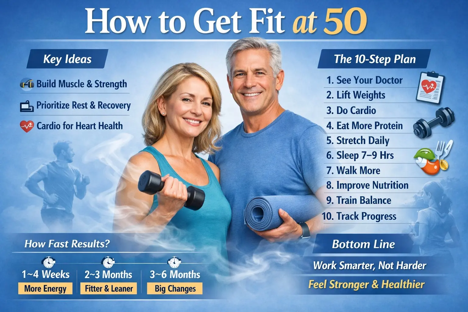 Smiling fit couple in their 50s holding dumbbells and a yoga mat, with infographic text showing key fitness steps and the title ‘How to Get Fit at 50’ against a bright blue background