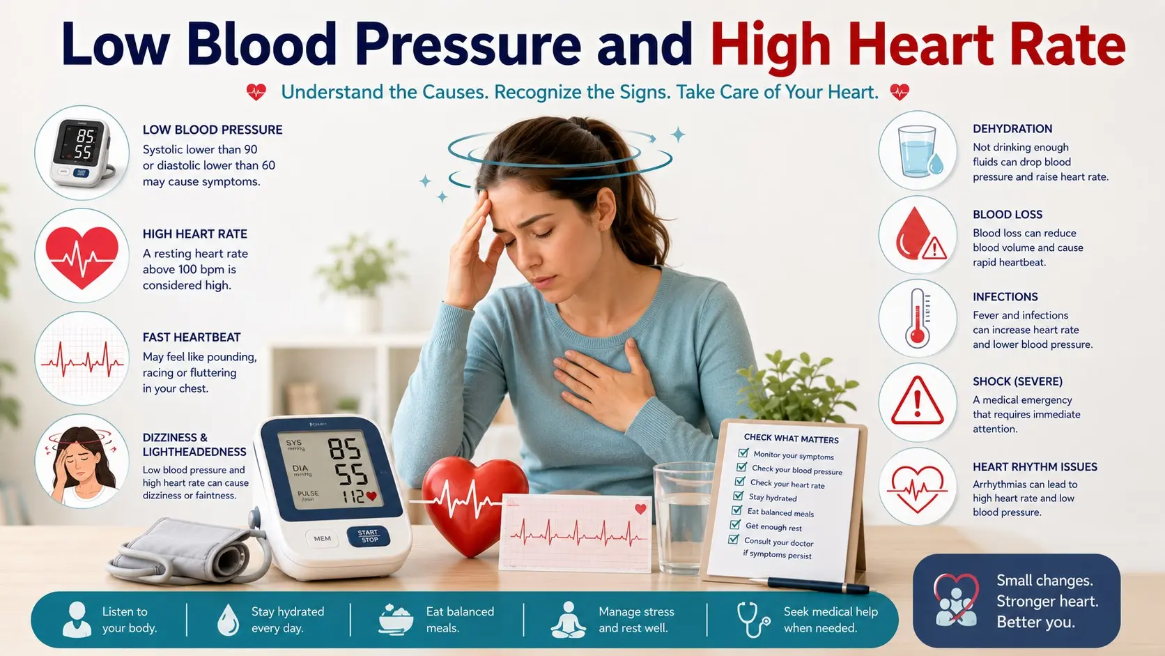 ow Blood Pressure and High Heart Rate guide with blood pressure monitor, fast pulse icon, dizziness, dehydration, bleeding, infection, shock warning, ECG, and doctor checklist icons.