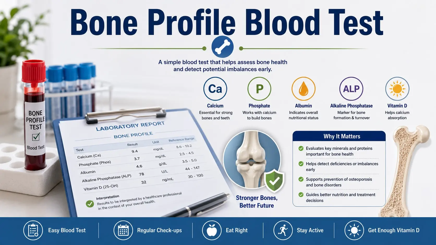 Bone Profile Blood Test guide with blood tube, calcium, phosphate, albumin, ALP, vitamin D, bones, and medical report icons.