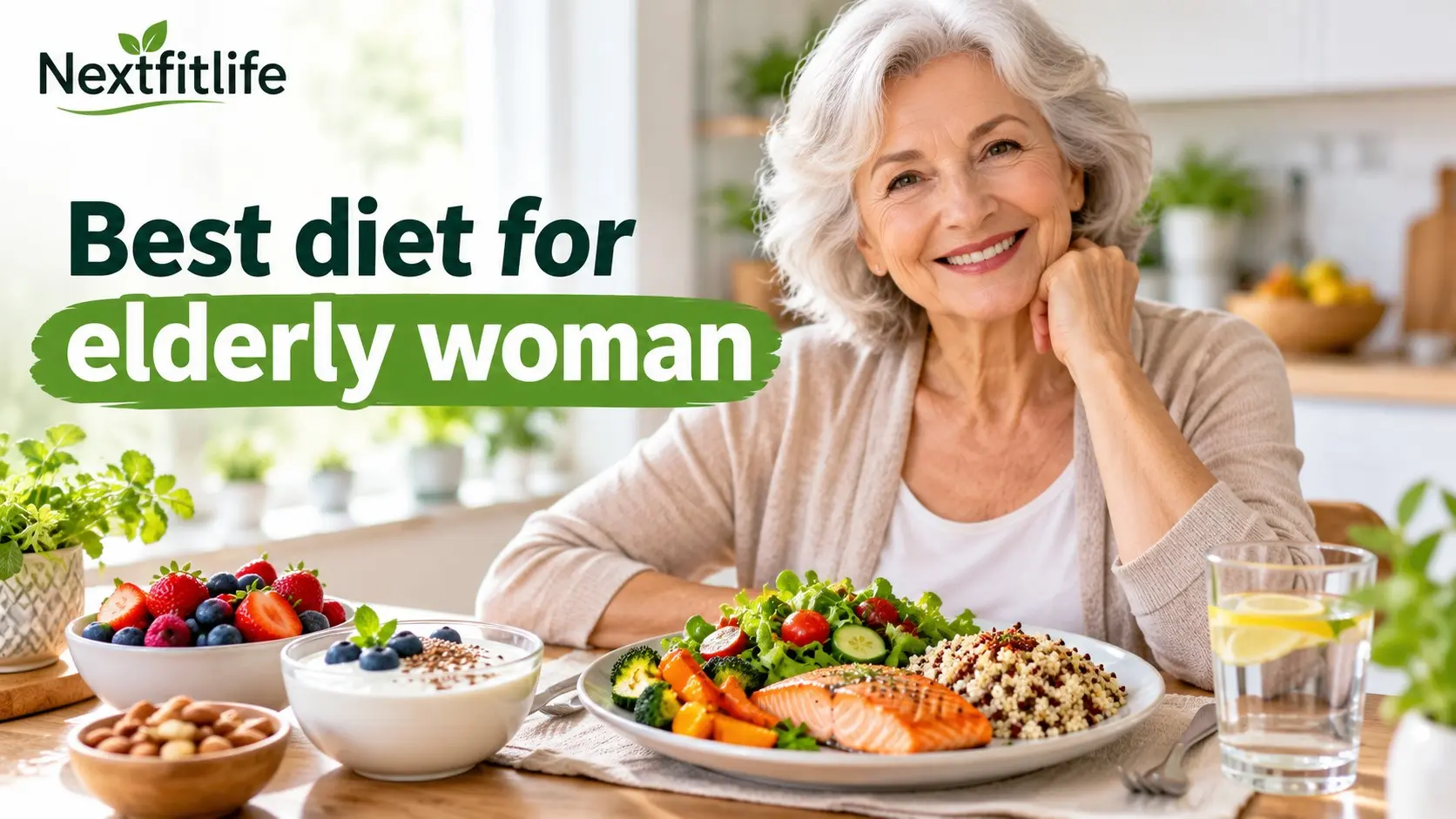Best diet for elderly woman with protein, vegetables, whole grains, calcium rich foods, fruit, and healthy fats