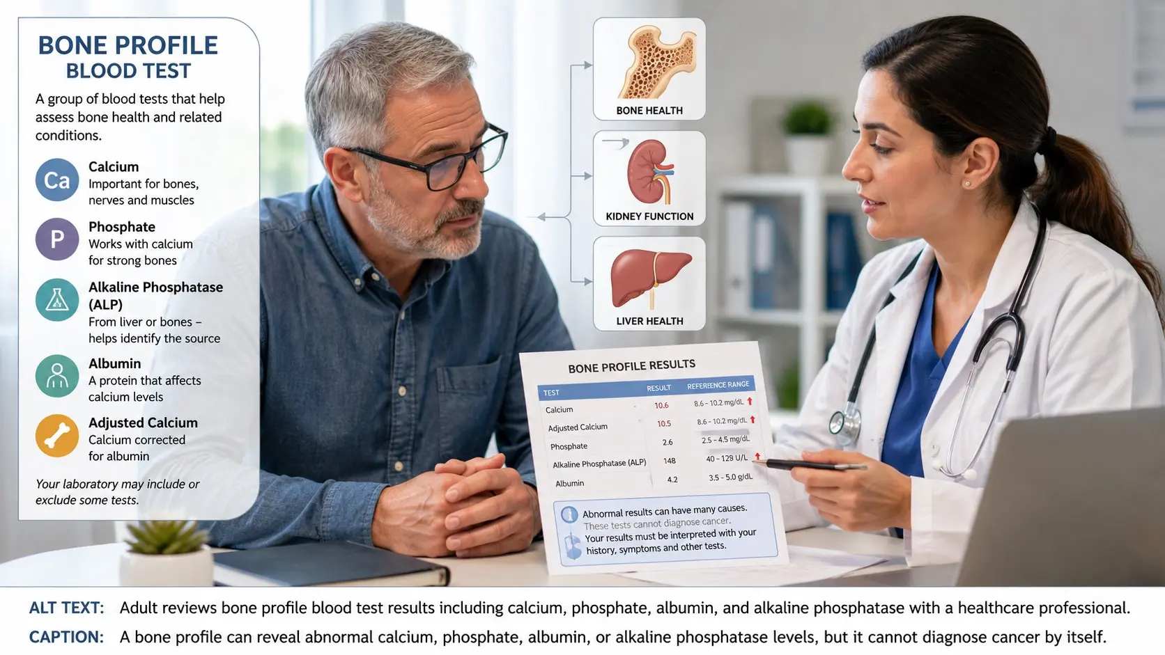 Adult reviews bone profile blood test results including calcium, phosphate, albumin, and alkaline phosphatase with a healthcare professional.
