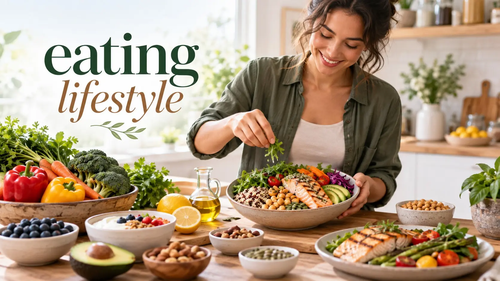Eating lifestyle with balanced vegetables, fruit, whole grains, healthy protein, nuts, and water
