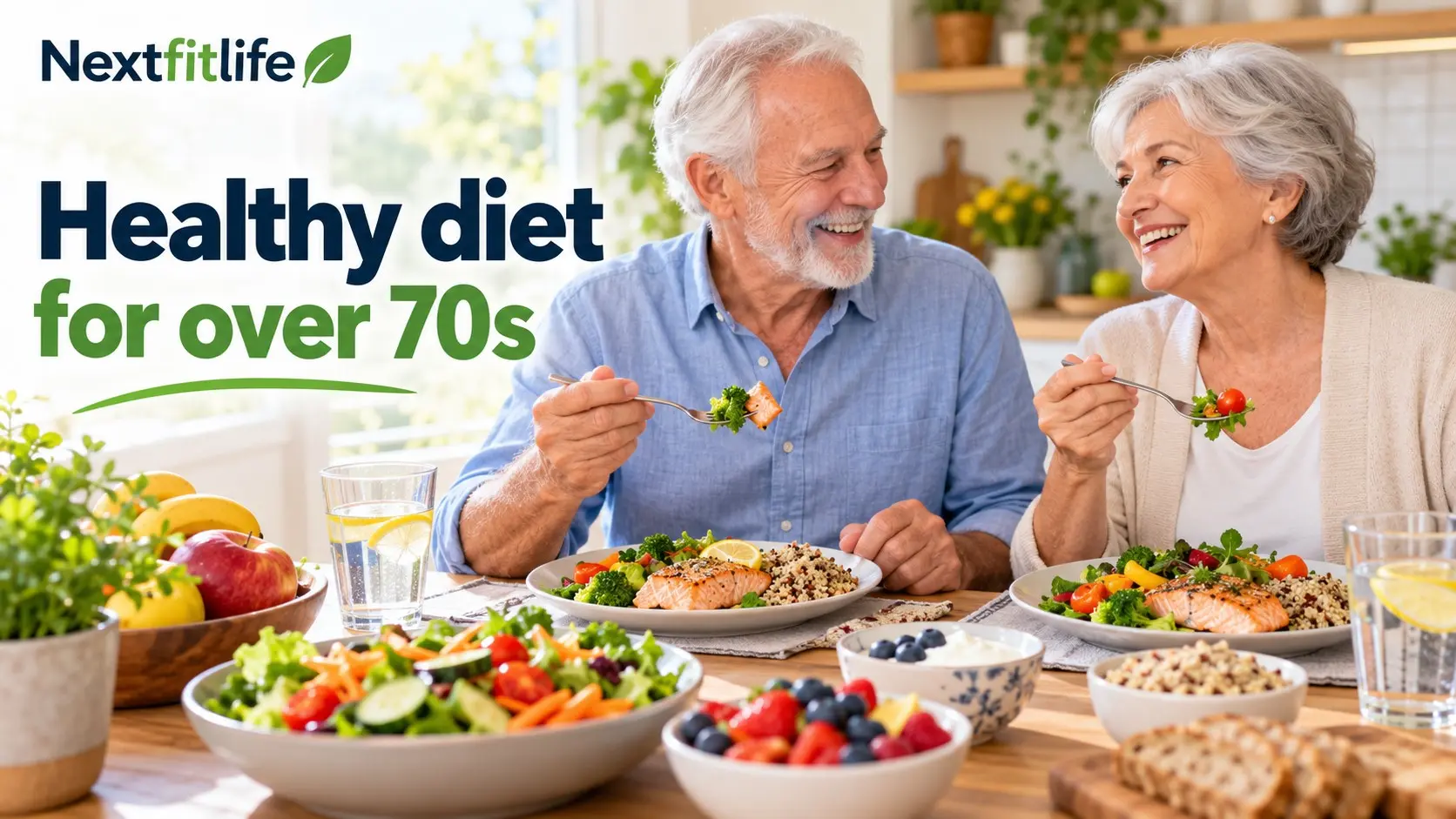 Healthy diet for over 70s with protein, vegetables, fruit, whole grains, calcium rich foods, healthy fats, and water