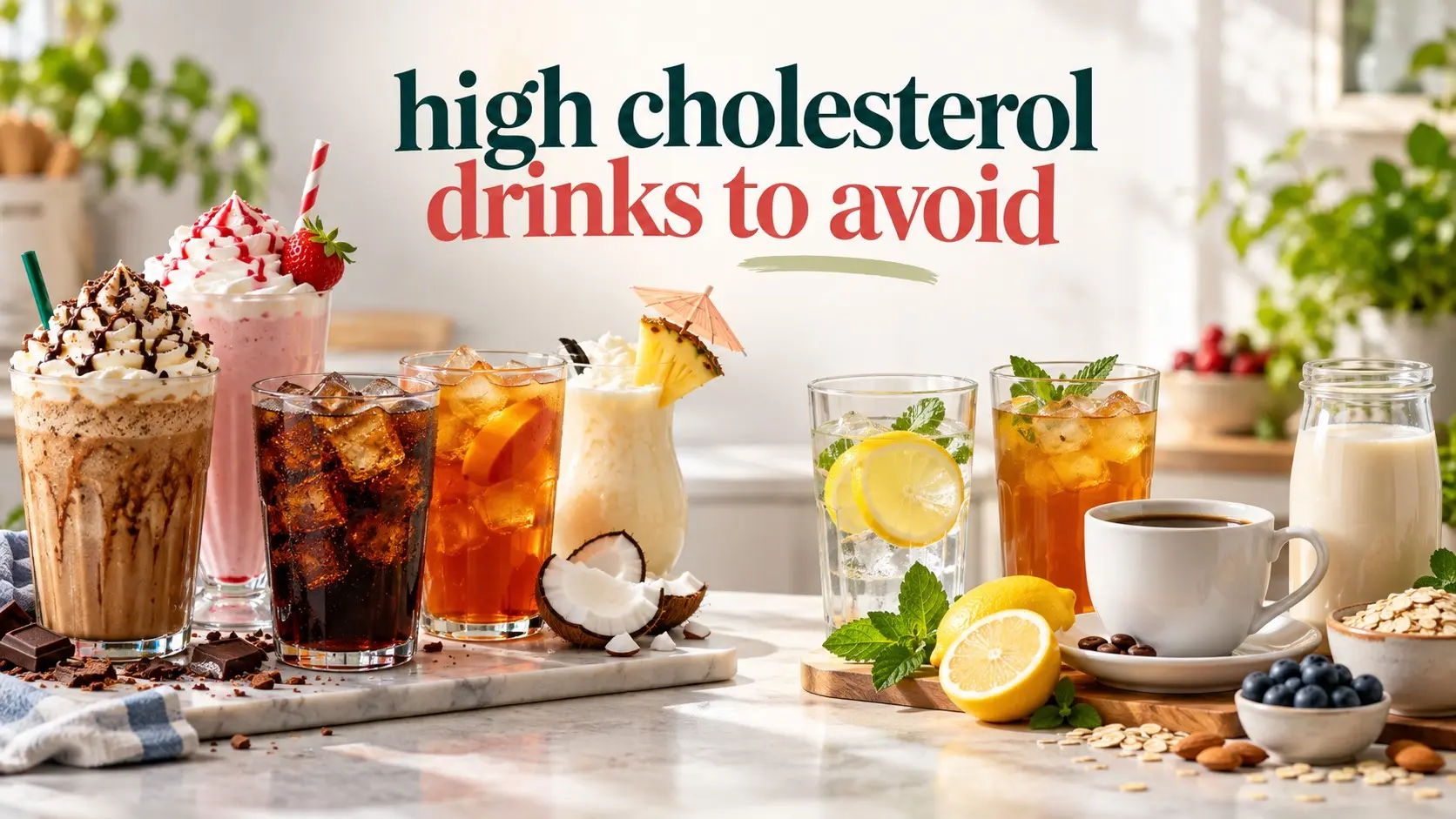 High cholesterol drinks to avoid including sugary drinks, cream coffee, milkshakes, and better heart healthy alternatives