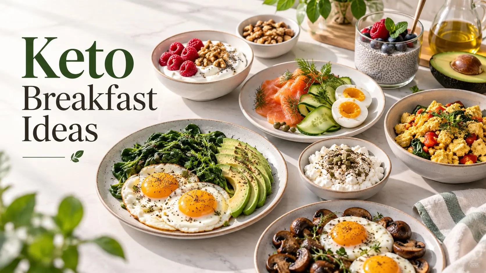 Keto Breakfast Ideas with eggs avocado yogurt salmon chia seeds vegetables and nuts