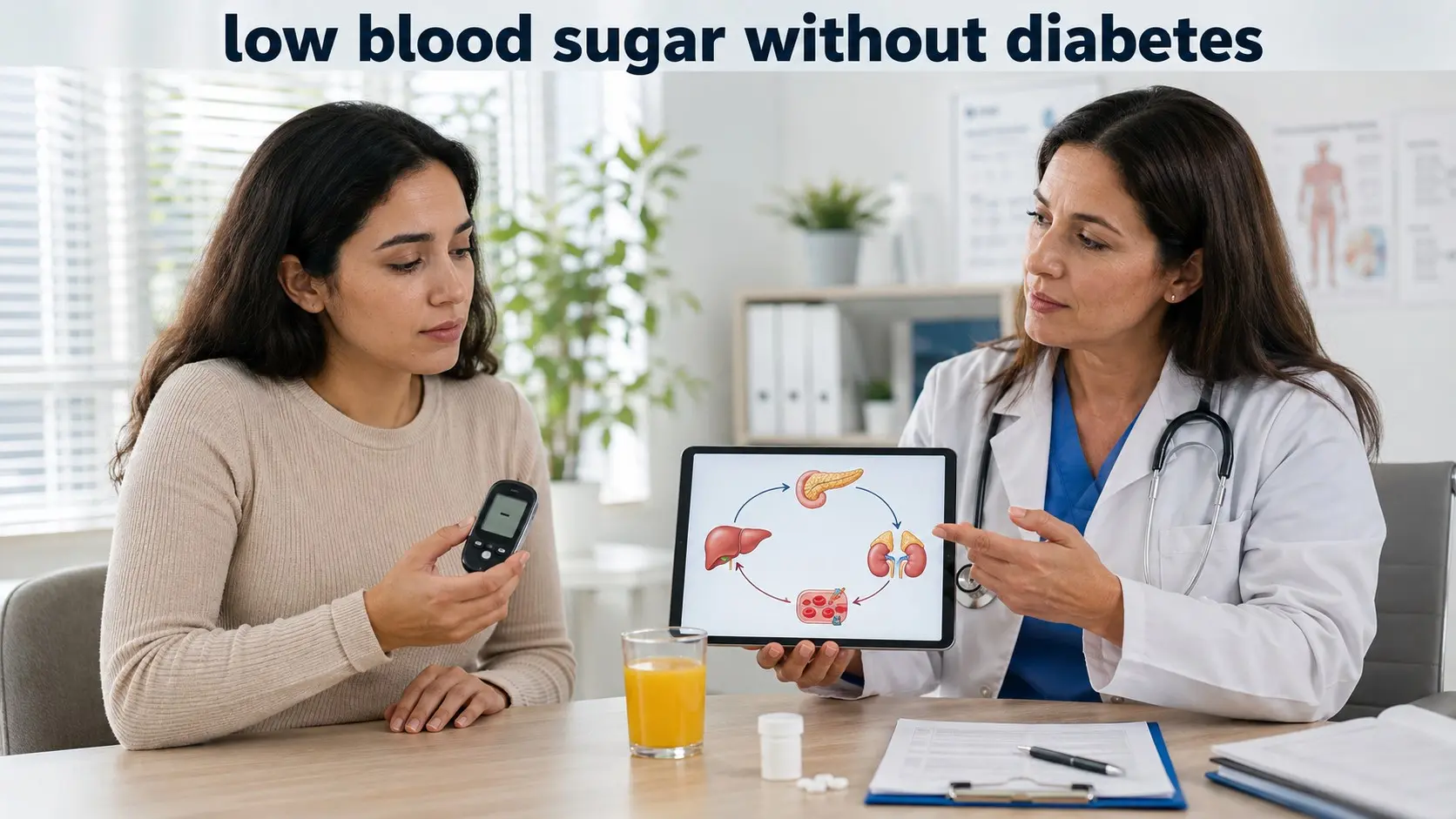 Patient discusses low blood sugar without diabetes and possible causes with an endocrinologist