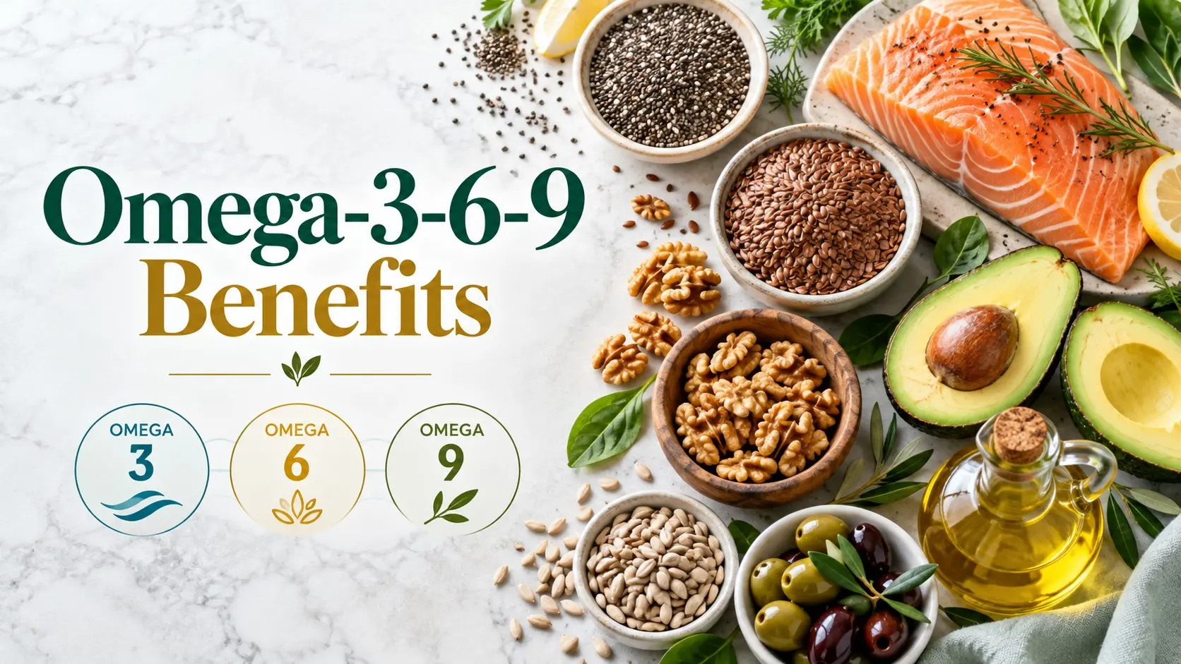 Omega-3-6-9 benefits shown with salmon, seeds, nuts, avocado, olive oil, and other healthy fat sources