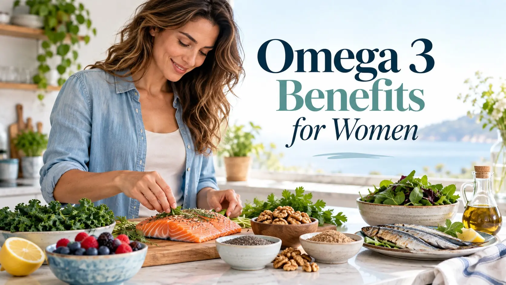 Omega 3 benefits for women with salmon, walnuts, chia seeds, flaxseed, and other healthy omega 3 foods