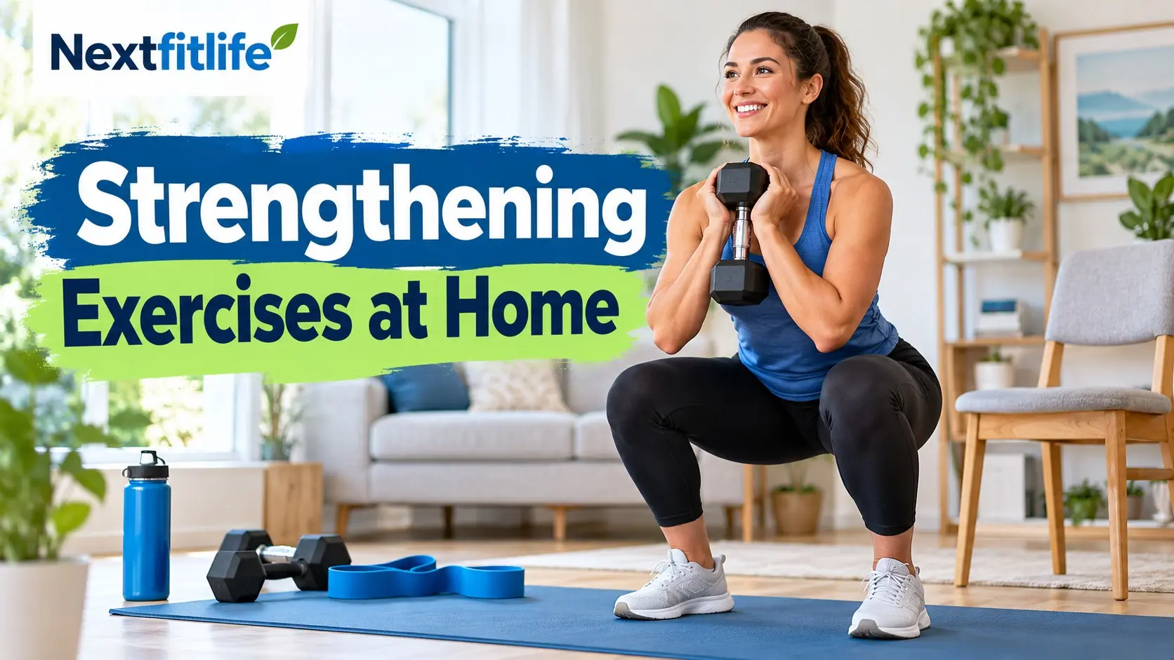 Strengthening Exercises at Home with squats, dumbbells, resistance bands, push ups, rows, and full body strength training