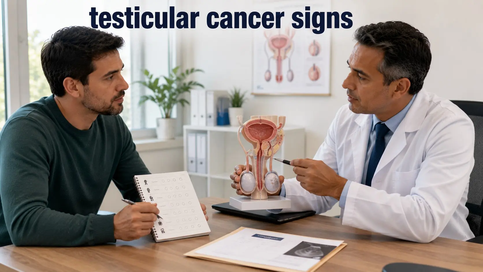 testicular cancer signs- Man discusses a new testicular lump and ultrasound testing with a urologist using an anatomical model.