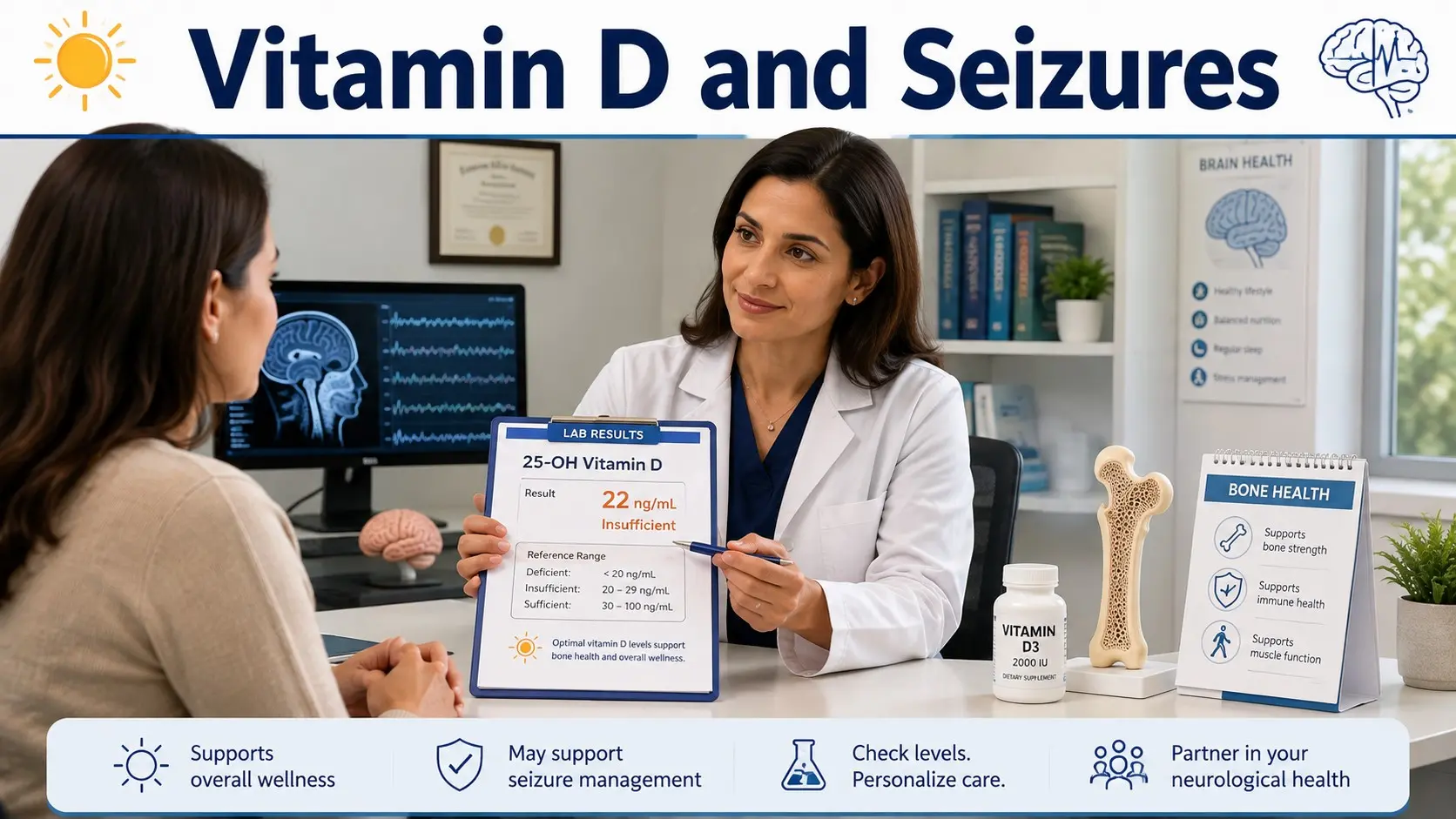 vitamin D and seizures - Adult with epilepsy reviews vitamin D blood-test results, bone-health risks, and antiseizure medicines with a neurologist during a clinical consultation