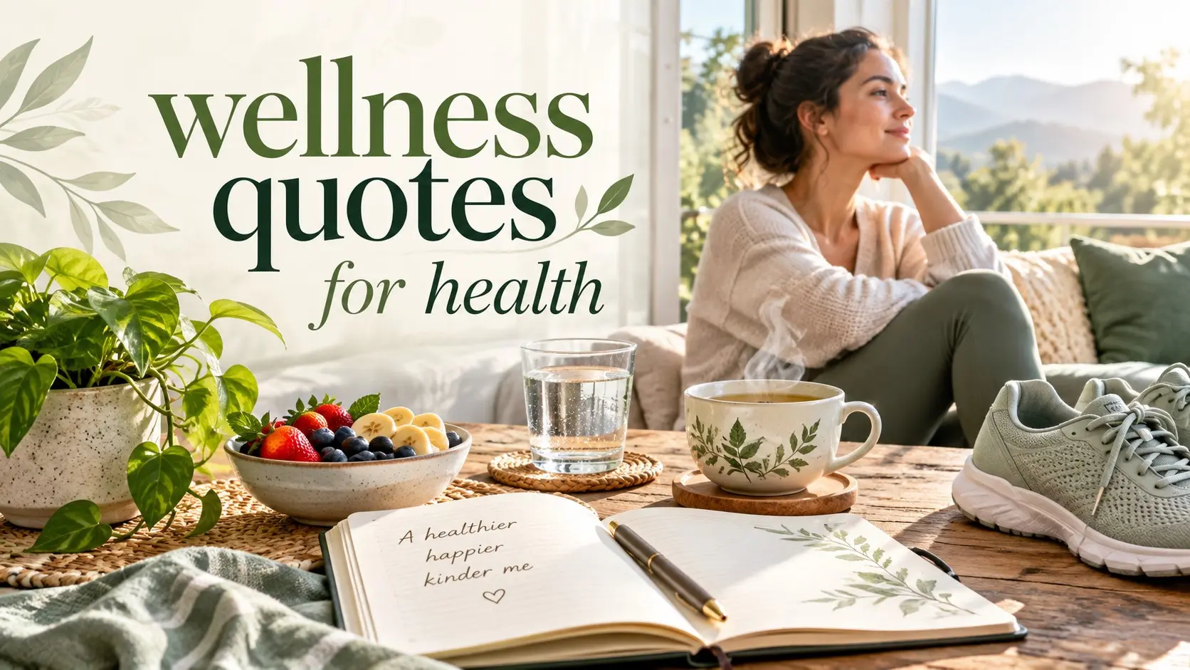 Wellness quotes for health with a journal, water, fruit, walking shoes, and a calm morning wellness setting
