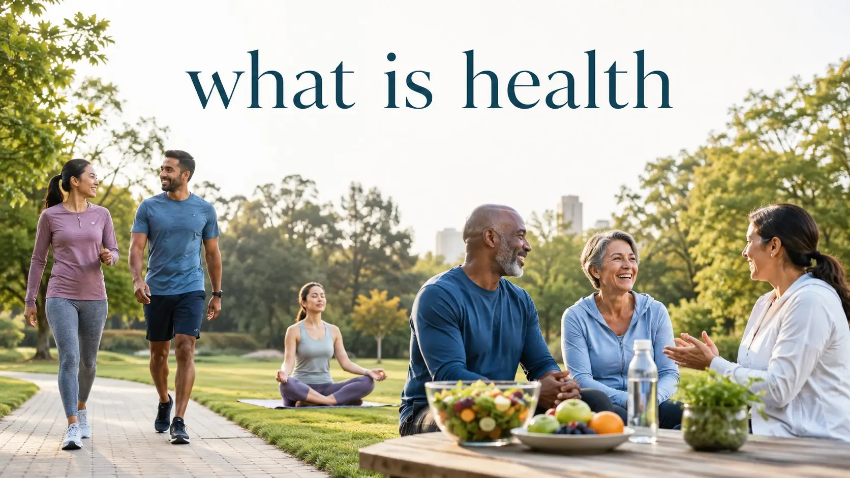 what is health - Diverse adults representing physical health, mental health, social connection, healthy living, preventive care, and the wider factors that shape health