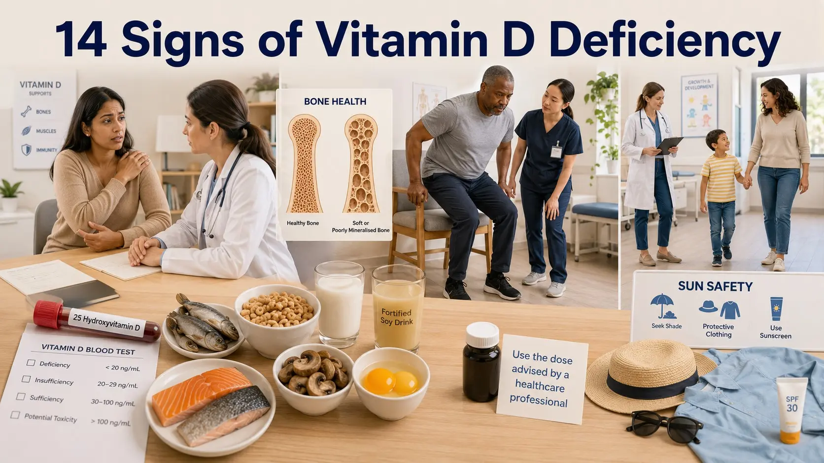 signs of vitamin D deficiency -Vitamin D deficiency guide showing an adult discussing bone pain and muscle weakness, a vitamin D blood test, food sources, and safe supplement guidance.
