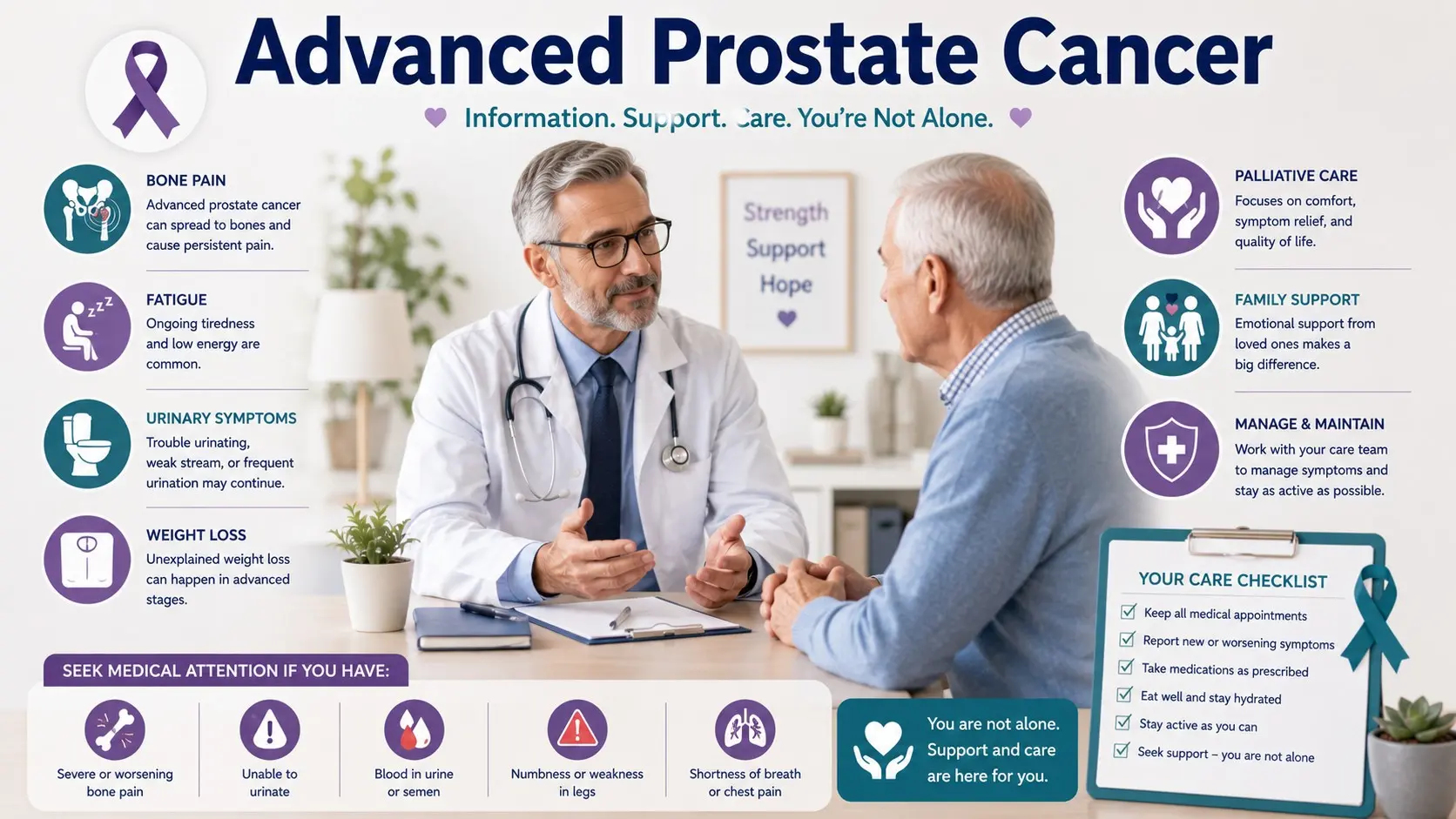 Advanced Prostate Cancer guide with prostate cancer ribbon, bone pain icon, fatigue icon, urinary symptoms, weight loss, palliative care, family support, emergency warning signs, and doctor checklist icons.