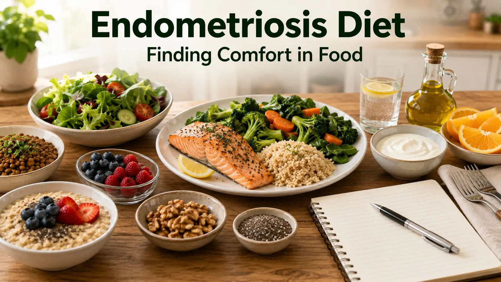 Endometriosis Diet meal with salmon, lentils, vegetables, berries, oats, yogurt, nuts, olive oil, water, and a food symptom journal.