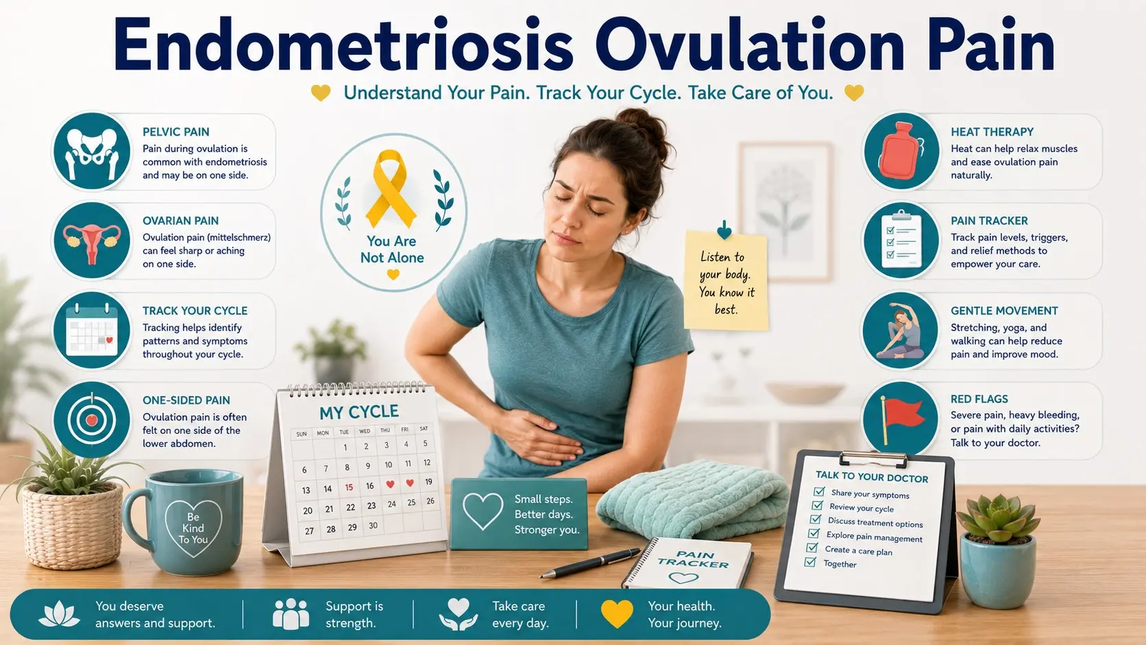 ndometriosis Ovulation Pain guide with pelvic pain icon, ovary icon, cycle calendar, one-sided pain, heat pad, pain tracker, doctor checklist, and red flag warning icons.