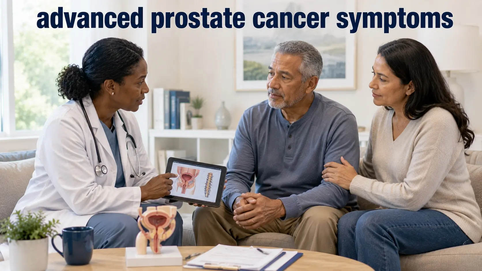 Man with advanced prostate cancer discusses symptom care with an oncology professional and family member.