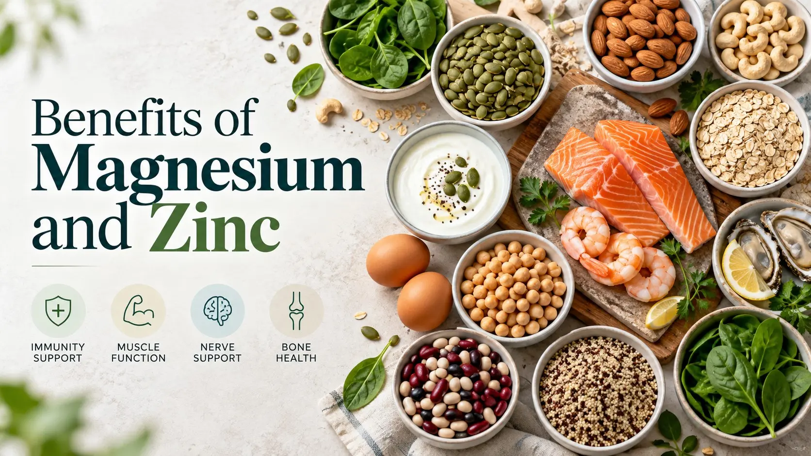 Benefits of magnesium and zinc shown with mineral rich foods supporting muscle, nerve, immune, bone, and wound healing functions