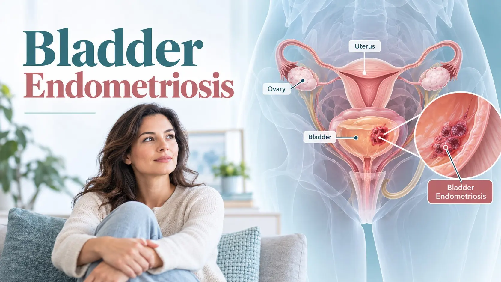 Bladder endometriosis guide showing the bladder, uterus, urinary symptoms, diagnosis, and treatment options