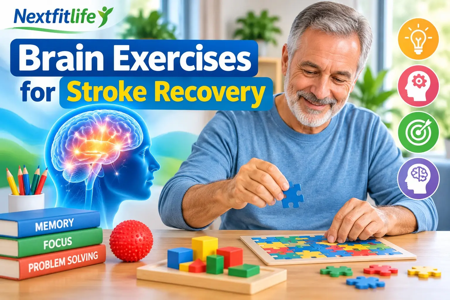 Brain exercises for stroke recovery using memory, speech, attention, visual scanning, and practical rehabilitation activities