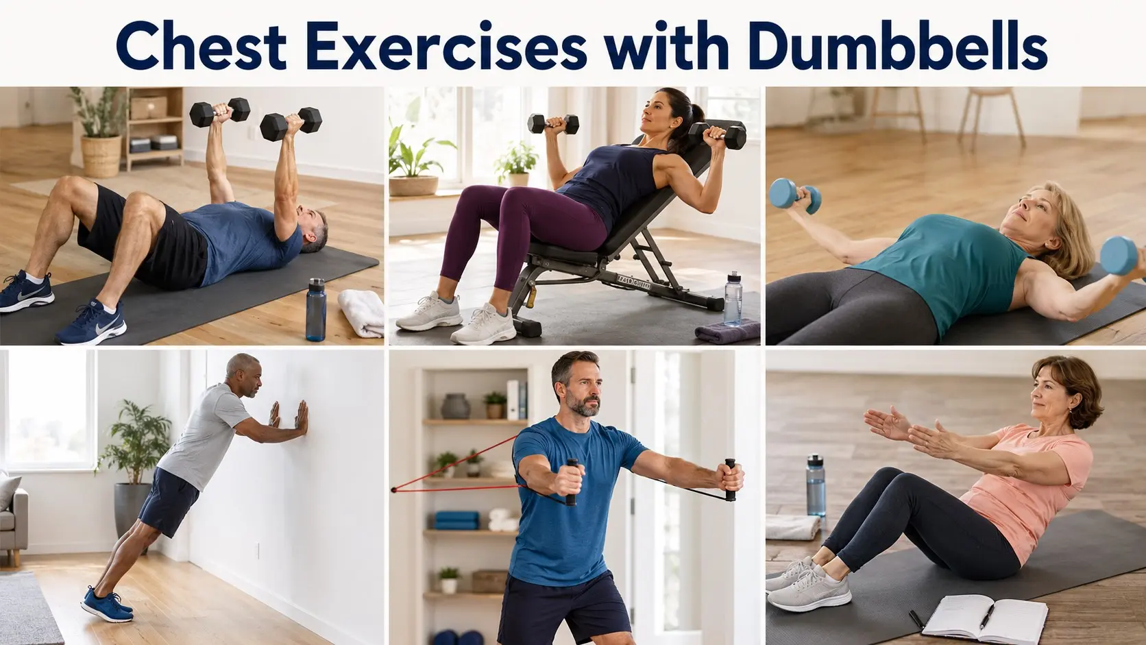 Chest Exercises with Dumbbells guide with adults doing safe dumbbell floor press, incline chest press, wall push ups, and light chest training