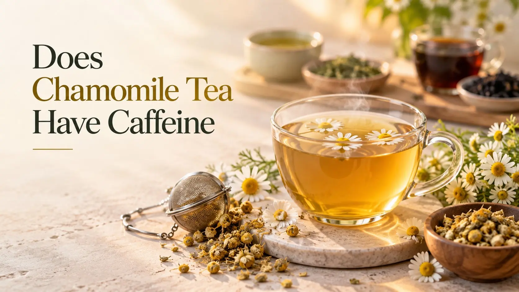 Does Chamomile Tea Have Caffeine with a cup of pure chamomile tea and chamomile flowers