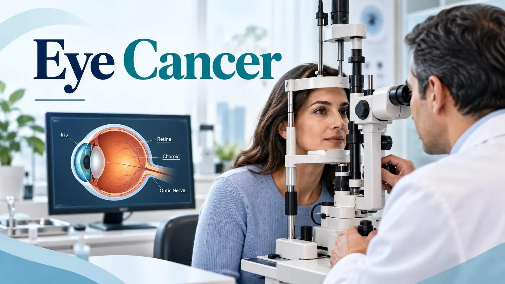 Eye cancer examination showing an ophthalmologist checking the eye for ocular melanoma and other warning signs