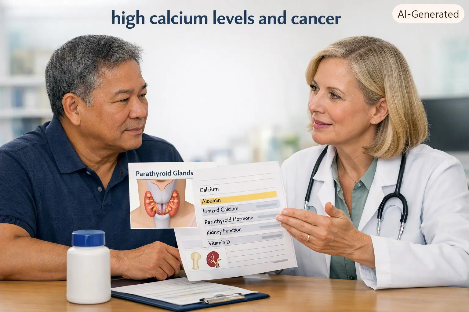 high calcium levels and cancer - Adult reviewing high calcium, albumin, parathyroid hormone, kidney and vitamin D blood-test results with a healthcare professional