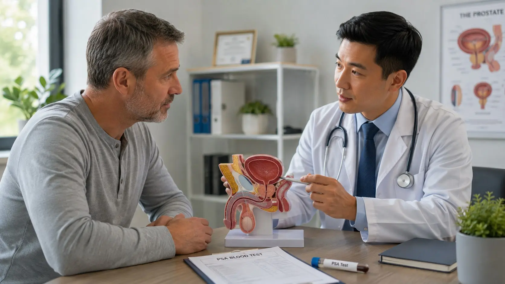 Man discusses PSA testing and prostate cancer screening with a doctor in a private clinic.