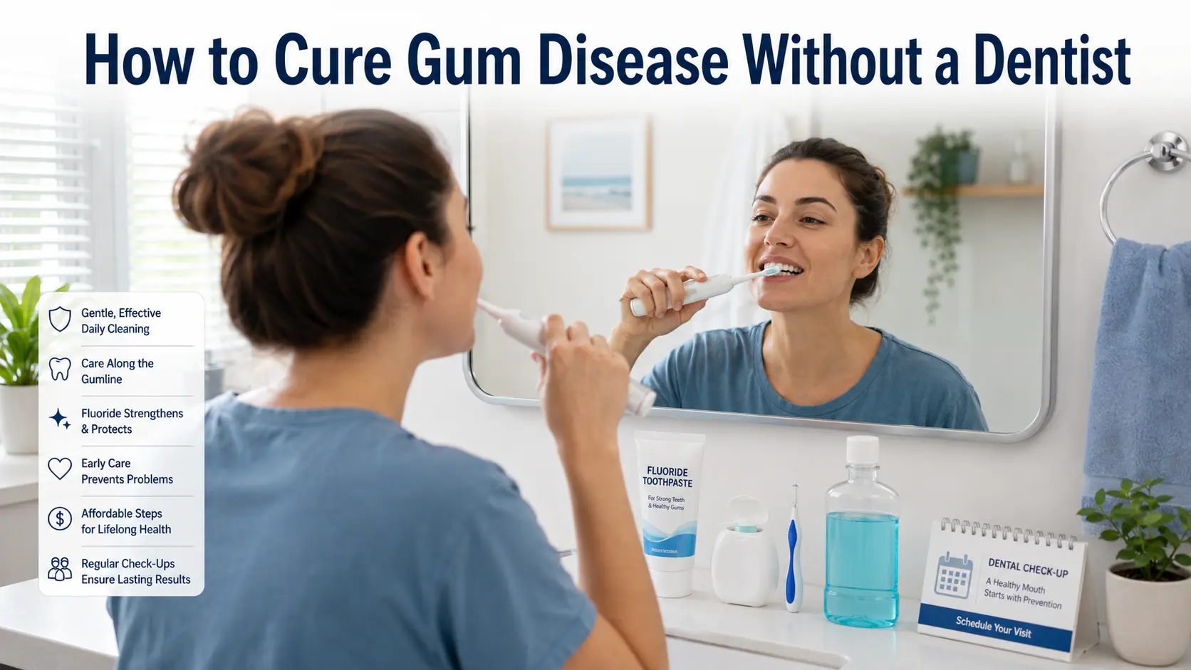 How to Cure Gum Disease Without a Dentist- Adult using a soft toothbrush correctly with fluoride toothpaste, floss, and an interdental brush for daily gum care.
