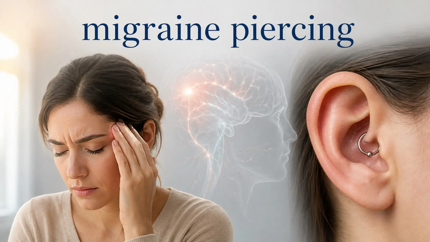 Migraine piercing guide showing daith ear piercing location, migraine symptoms, evidence questions, risks, and safer treatment options