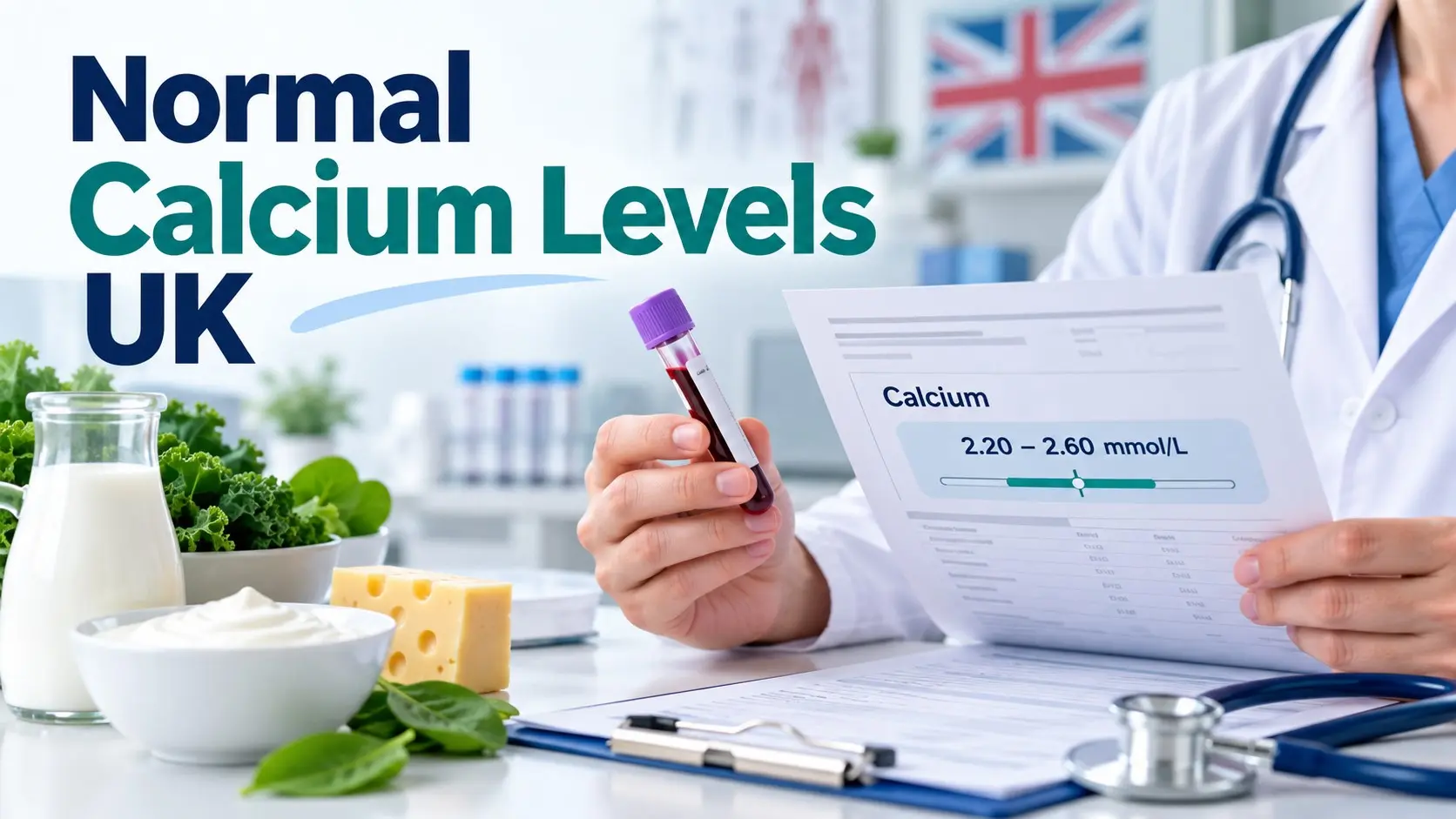 Normal calcium levels UK guide showing adjusted calcium blood results in mmol/L, albumin, bone health, and medical interpretation