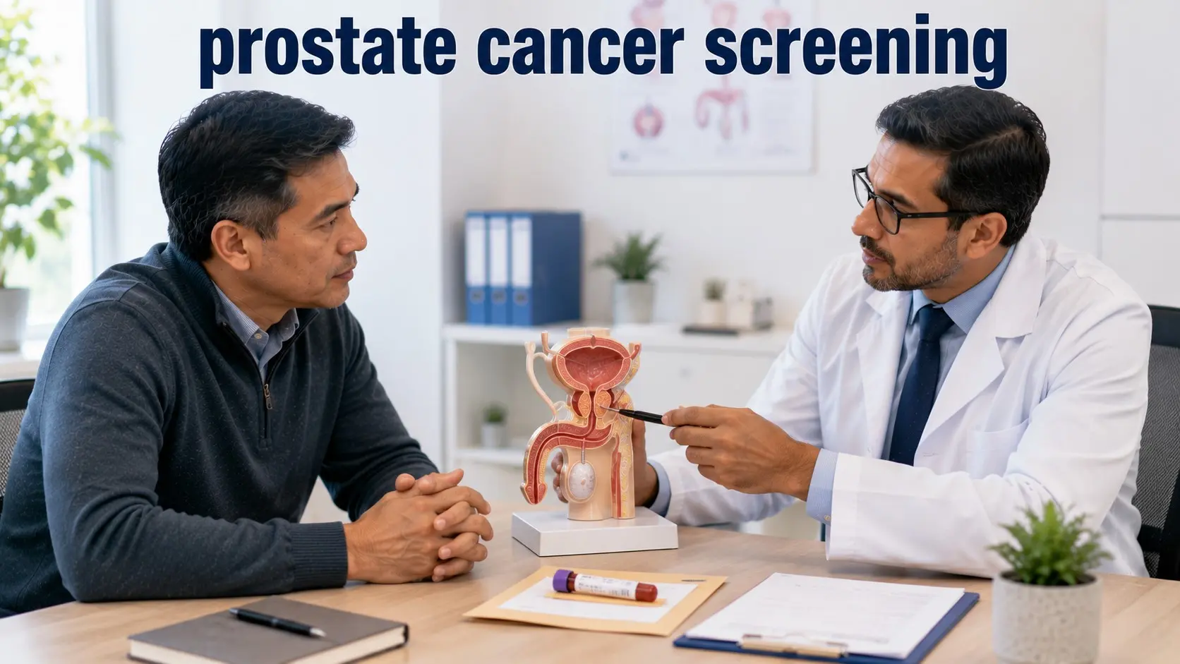 prostate cancer screening- Man discusses PSA testing and prostate cancer screening with a doctor in a private clinic.