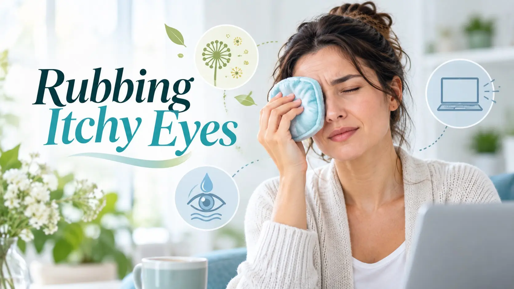Rubbing itchy eyes guide showing safe relief with a cool compress, allergy care, dry eye treatment, and eye rubbing prevention