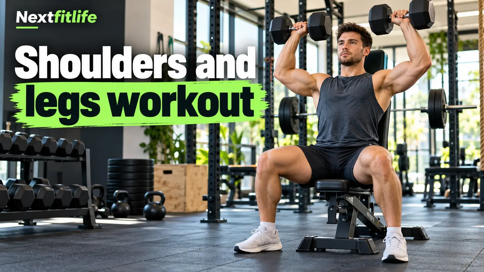 Shoulders and legs workout with squats, dumbbell shoulder press, lunges, Romanian deadlifts, and lateral raises