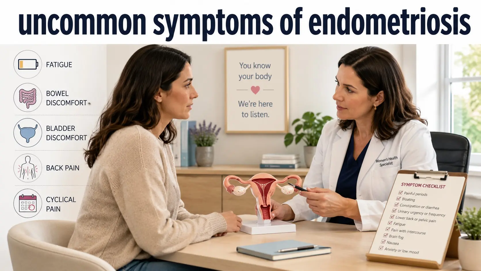 uncommon symptoms of endometriosis - Adult woman discusses bowel, bladder, back, fatigue, and menstrual symptoms with a gynecologist during an endometriosis evaluation.