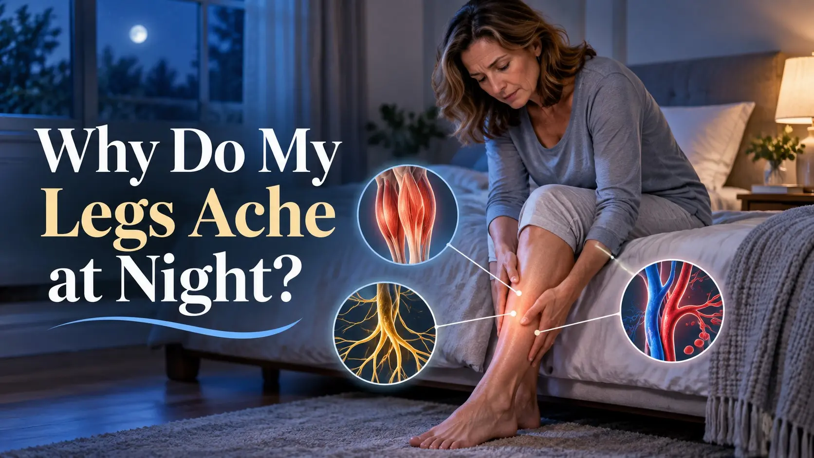 Why do my legs ache at night guide showing nighttime leg pain, muscle cramps, circulation, nerve pain, and restless legs
