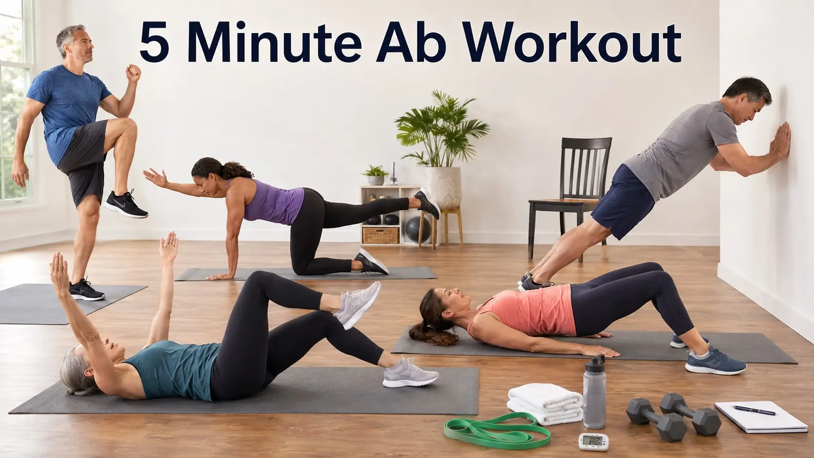 5 Minute Ab Workout guide with adults doing safe core exercises, dead bugs, bird dogs, wall planks, glute bridges, and standing knee lifts