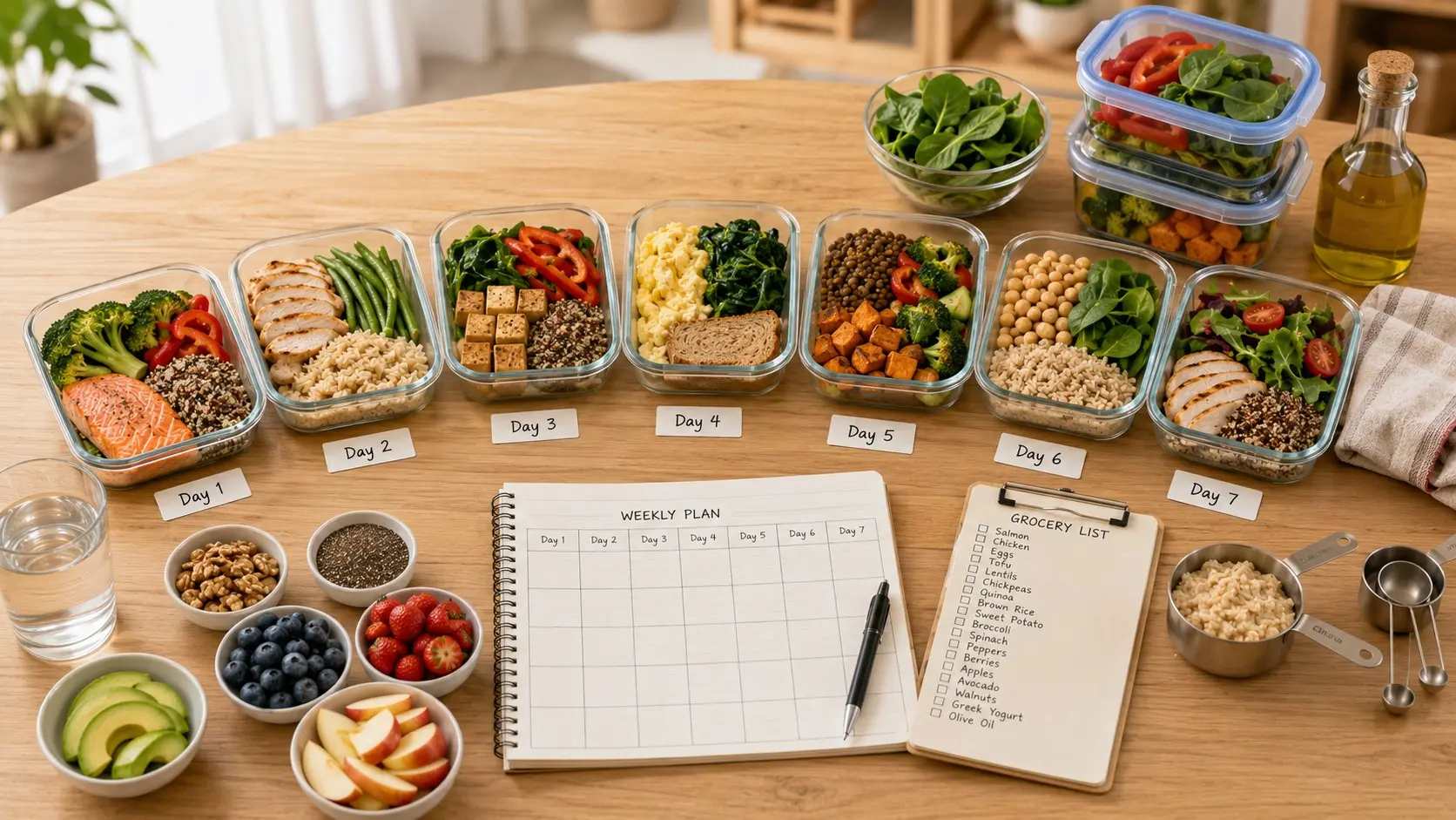 7-Day Meal Plan for Prediabetes with vegetables, salmon, chicken, tofu, oats, berries, beans, brown rice, yogurt, nuts, and water.