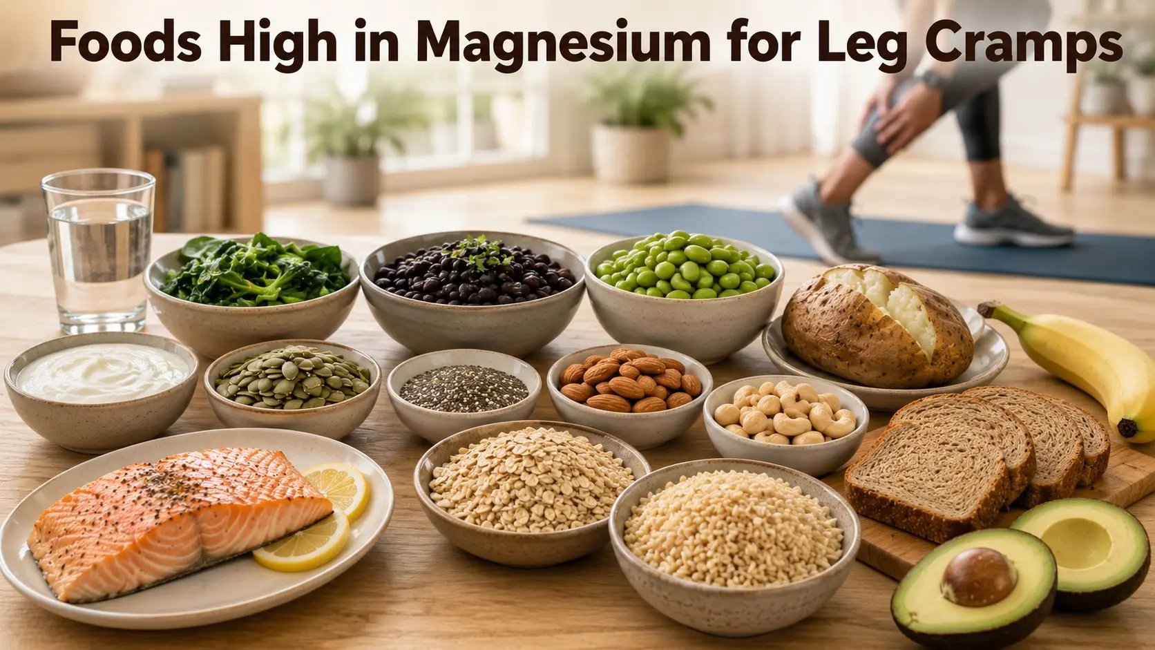 Foods High in Magnesium for Leg Cramps with pumpkin seeds, almonds, spinach, beans, oats, banana, yogurt, salmon, and water.