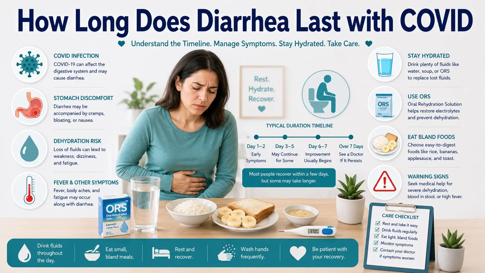 How Long Does Diarrhea Last with COVID guide with COVID icon, diarrhea timeline, hydration, oral rehydration, bland food, fever, stomach pain, dehydration warning, and doctor checklist icons.