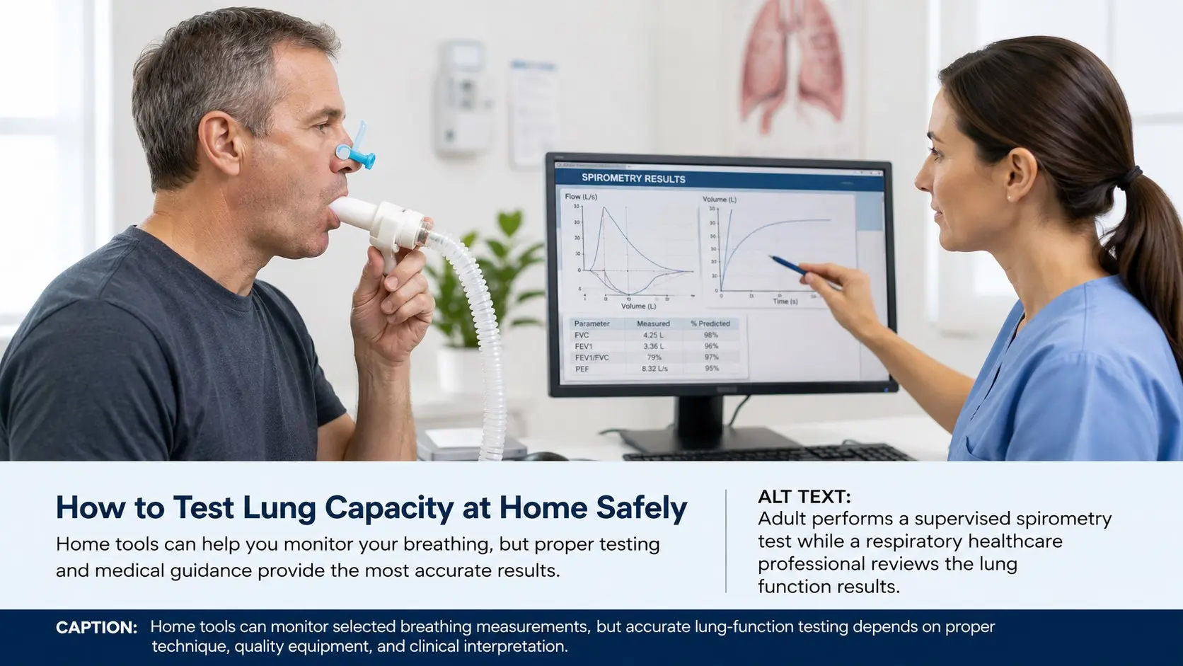 How to Test Lung Capacity at Home - Adult performs a supervised spirometry test while a respiratory healthcare professional reviews the lung function results.