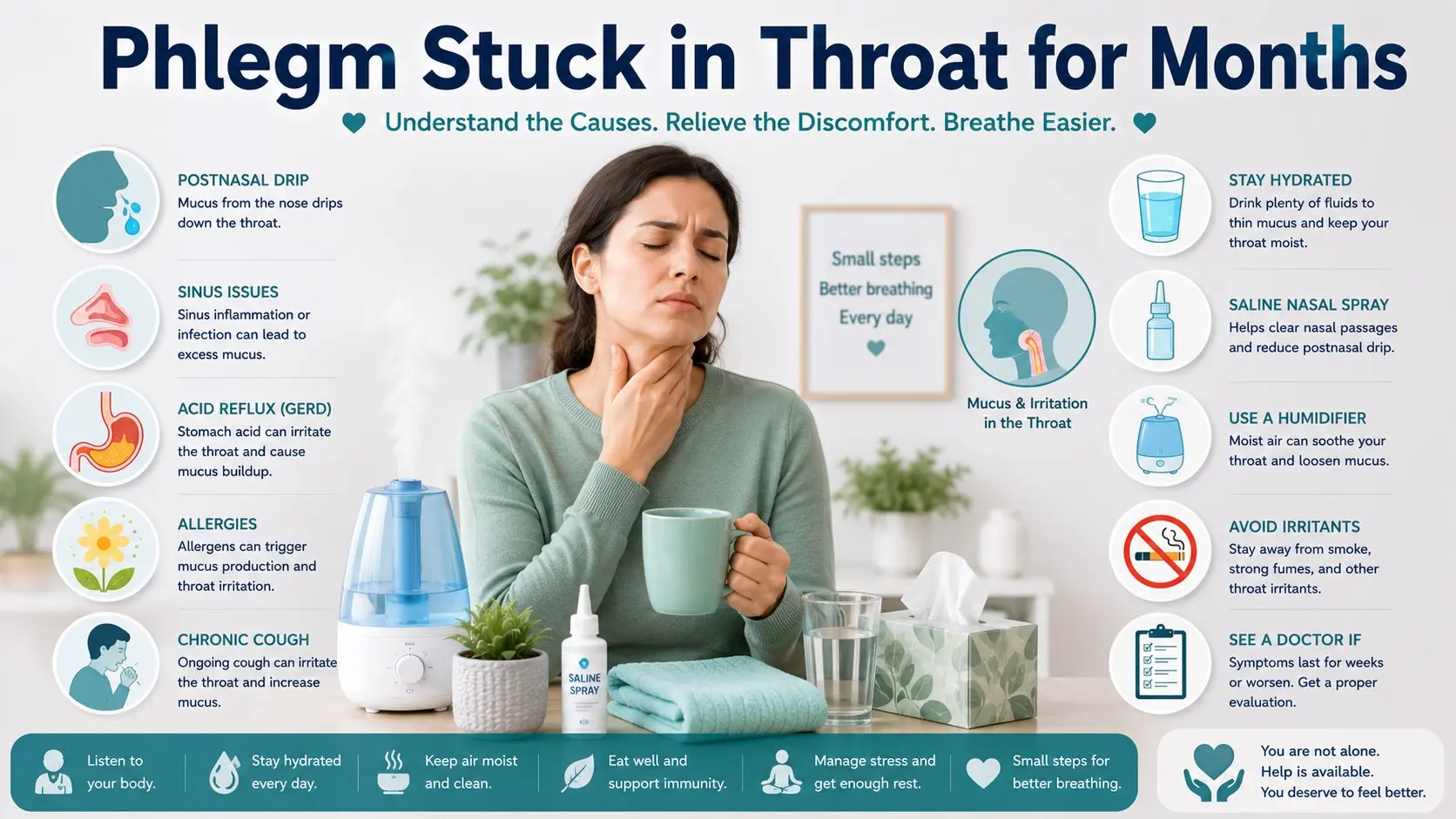 Phlegm Stuck in Throat for Months guide with throat mucus icon, postnasal drip, reflux, allergies, sinus infection, cough, hydration, saline rinse, humidifier, and doctor checklist icons.
