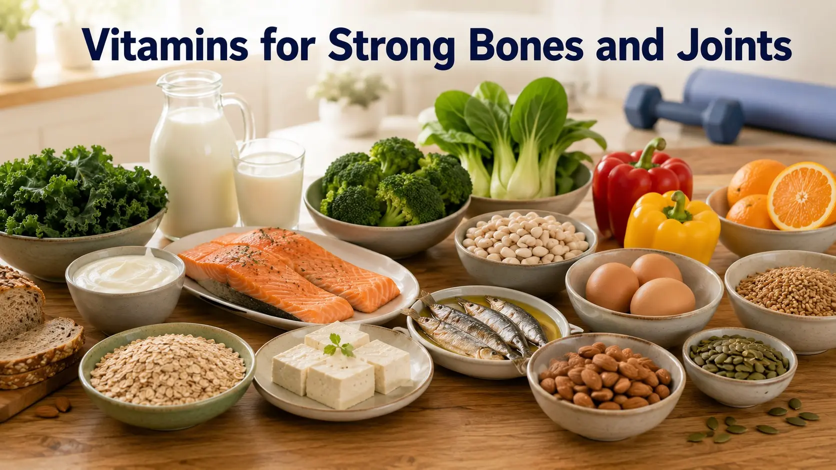 Vitamins for Strong Bones and Joints shown through salmon, yogurt, milk, tofu, leafy greens, fruit, beans, nuts, seeds, and whole grains.